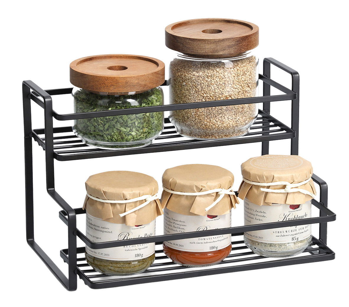 Zeller Present Regal Metallregal mit zwei Ebenen, gefüllt mit Gläsern und Gewürzen, seitliche Perspektive