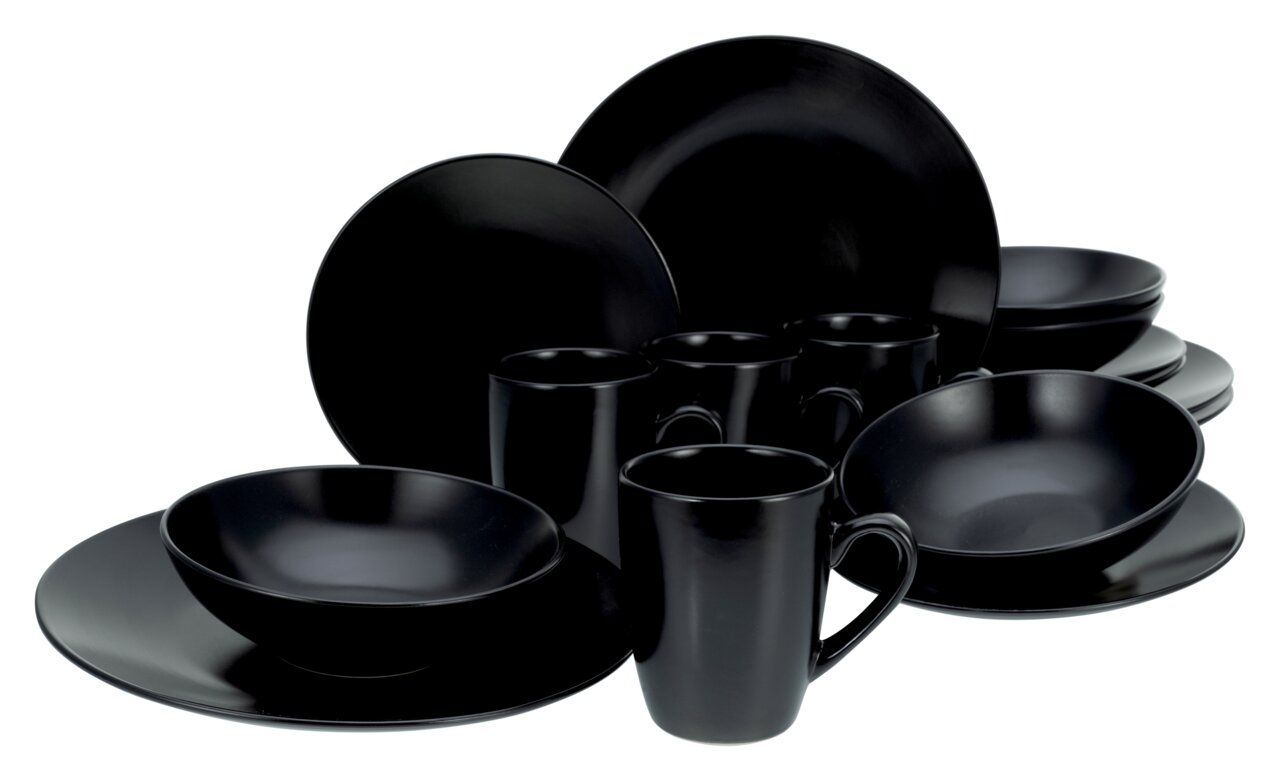Creatable Kombiservice 16-tlg BLACK MATT Schwarzes 16-teiliges Kombiservice aus Porzellan, bestehend aus Tellern, Schalen und Tassen, in einer seitlichen Perspektive.