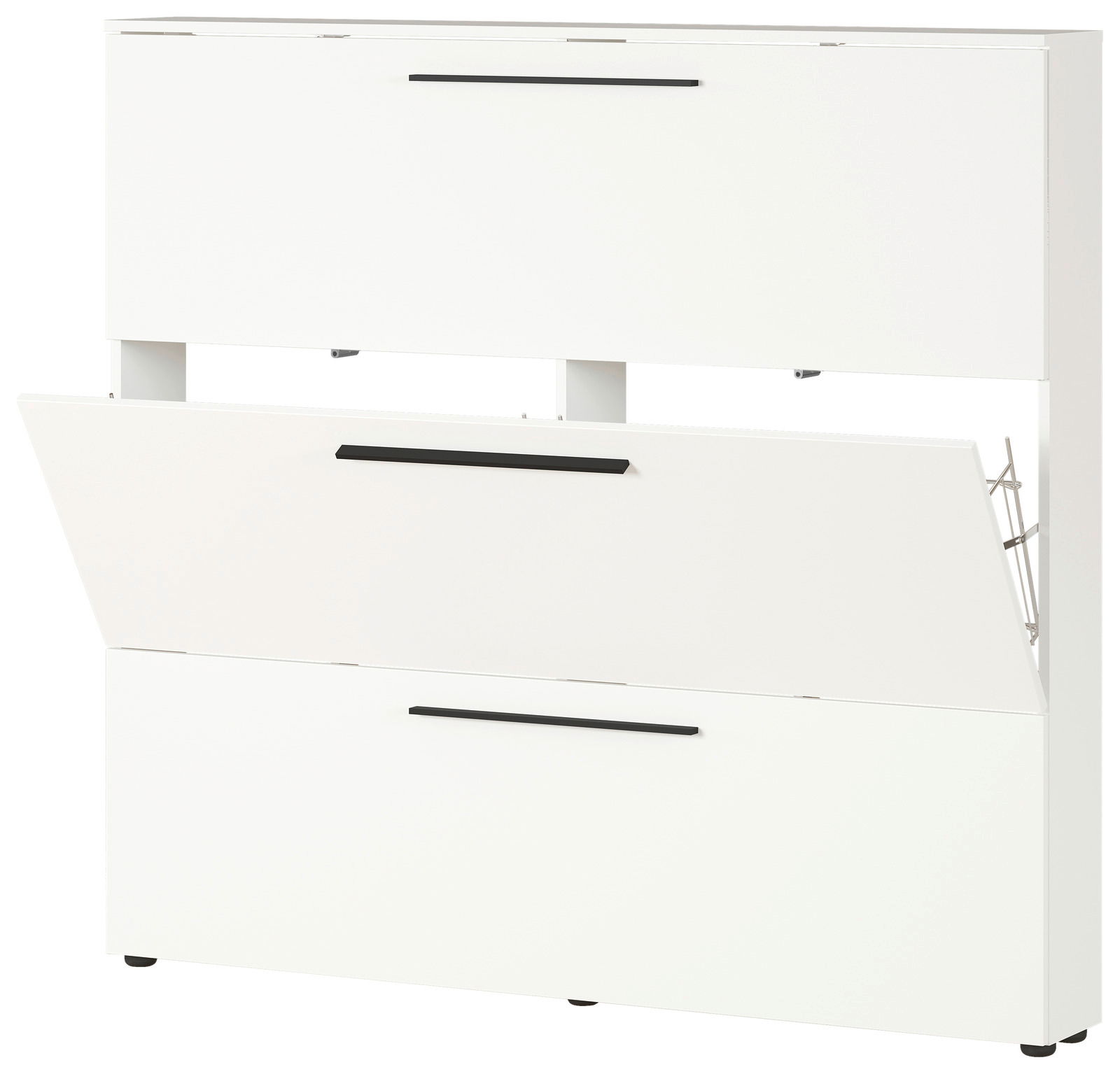 Weißer Schuhschrank mit drei Klappfächern, seitliche Perspektive