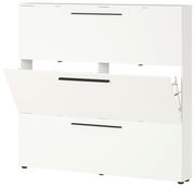 Weißer Schuhschrank mit drei Klappfächern, seitliche Perspektive