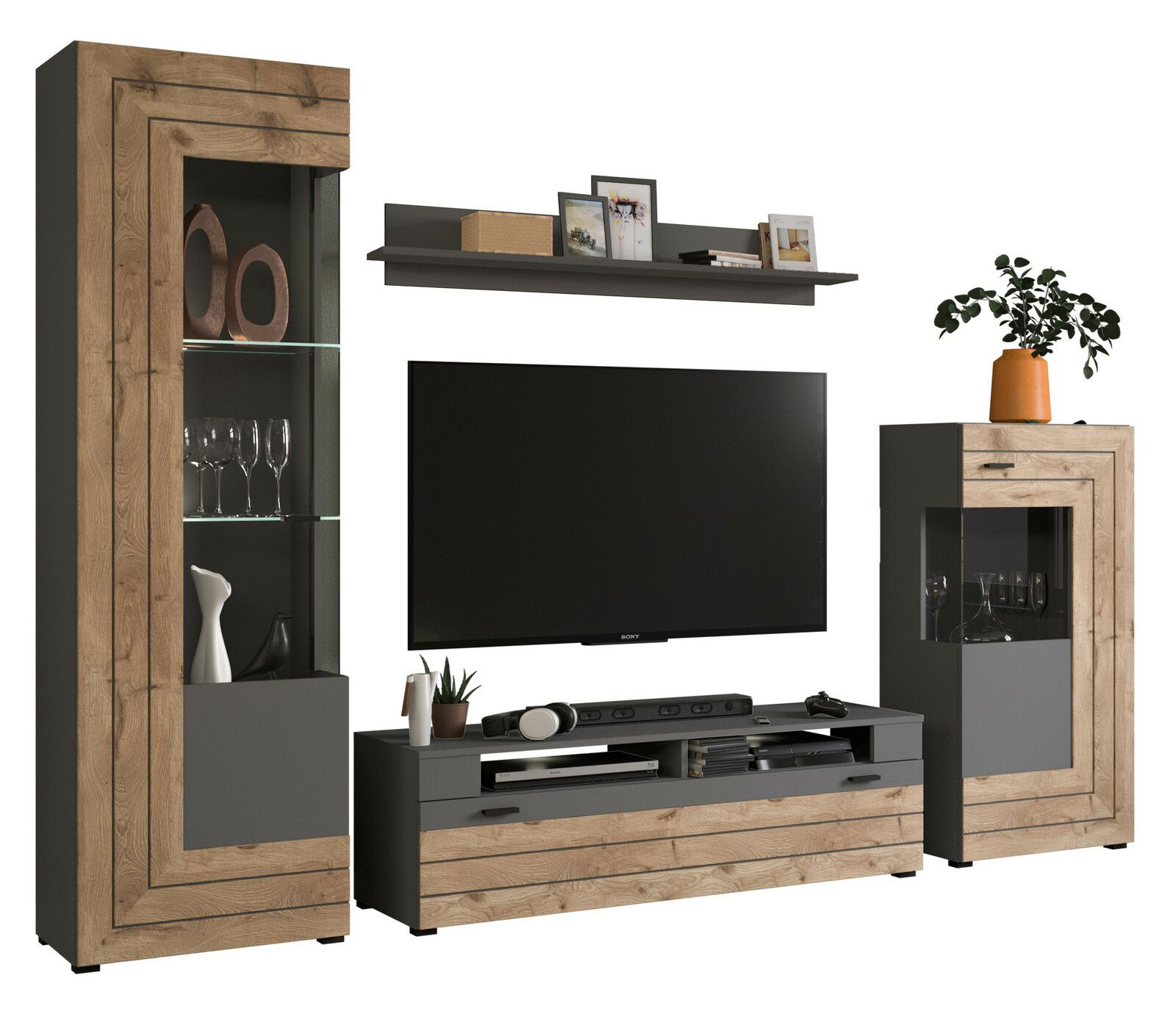 MID.YOU Wohnwandkombination FRENO Wohnwandkombination in moderner Perspektive mit Holz- und Glaselementen, bestehend aus zwei Vitrinen, einem TV-Board und einem Wandregal.