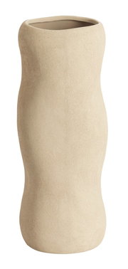 Beige Vase mit organischer Form, aus seitlicher Perspektive fotografiert.