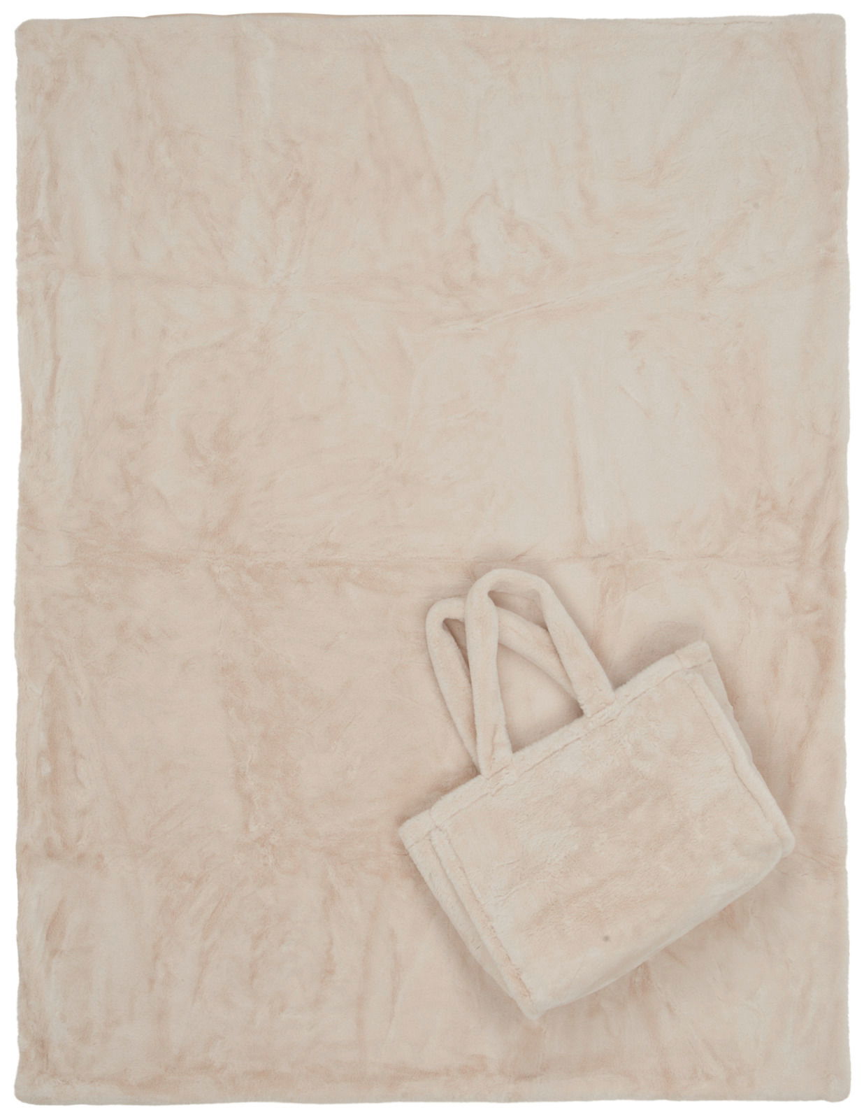Weiches Kuschelset bestehend aus einer beigen Decke und einer passenden Tasche, von oben betrachtet.