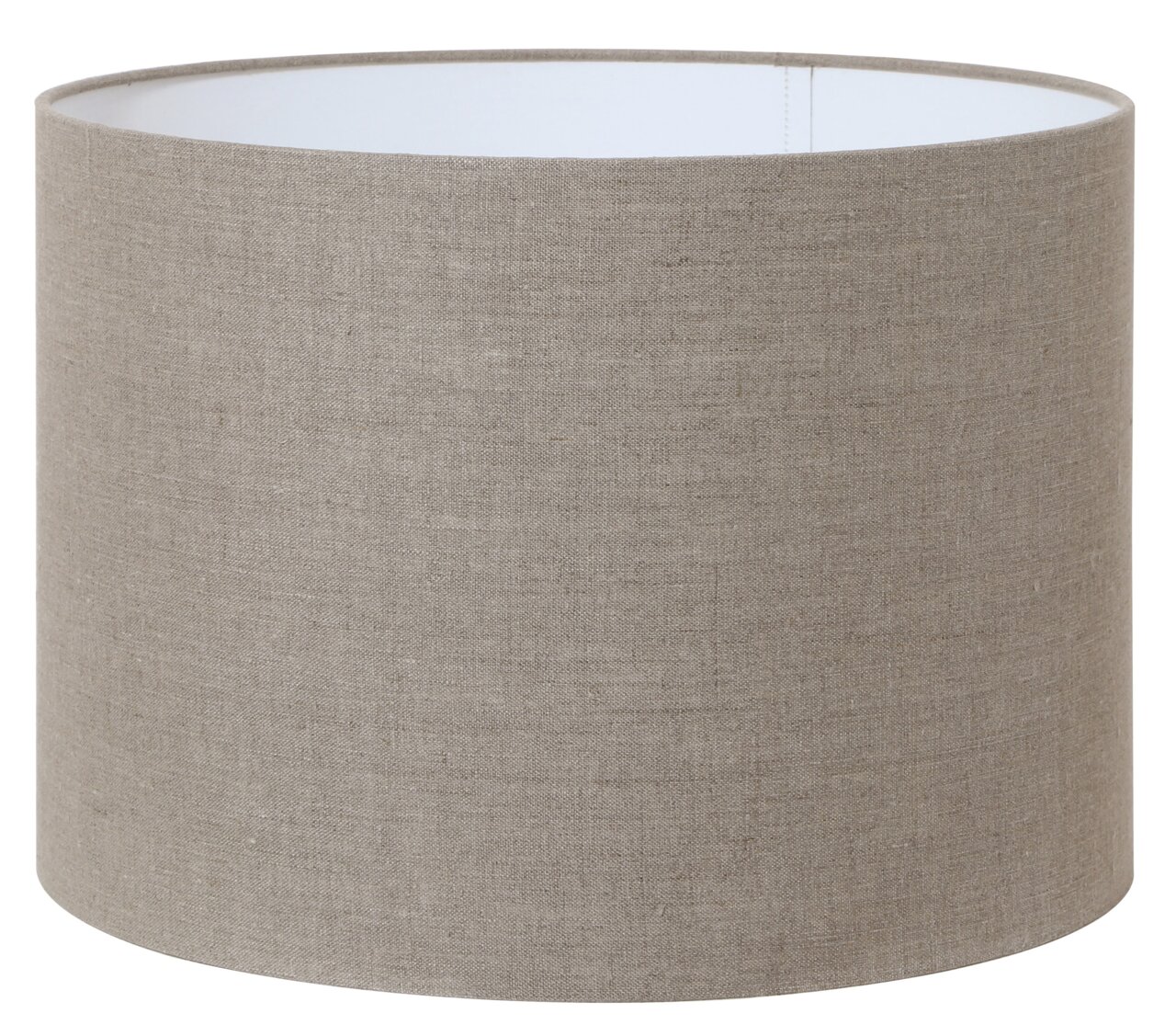 Zylindrischer Lampenschirm in natürlichem Leinenlook, seitliche Perspektive