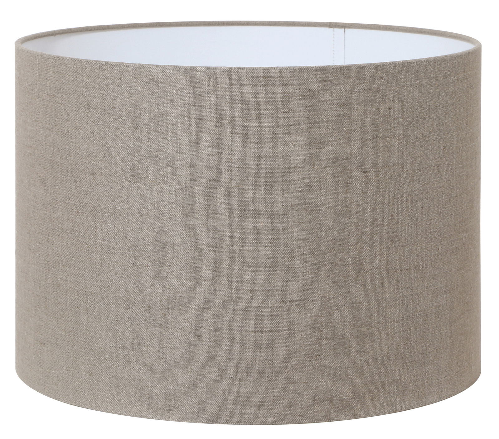 Zylindrischer Lampenschirm in natürlichem Leinenlook, seitliche Perspektive