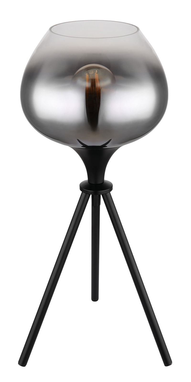 Moderne Tischleuchte mit dreibeinigem Stativ und rauchgrauem Glasschirm, seitliche Perspektive