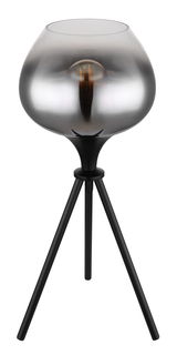 Moderne Tischleuchte mit dreibeinigem Stativ und rauchgrauem Glasschirm, seitliche Perspektive