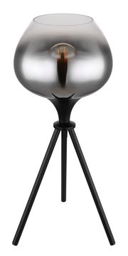 Moderne Tischleuchte mit dreibeinigem Stativ und rauchgrauem Glasschirm, seitliche Perspektive