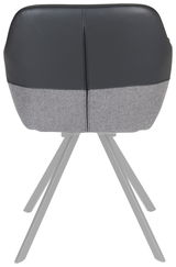 Rückansicht eines Sessels mit schwarzer und grauer Polsterung auf Metallbeinen.