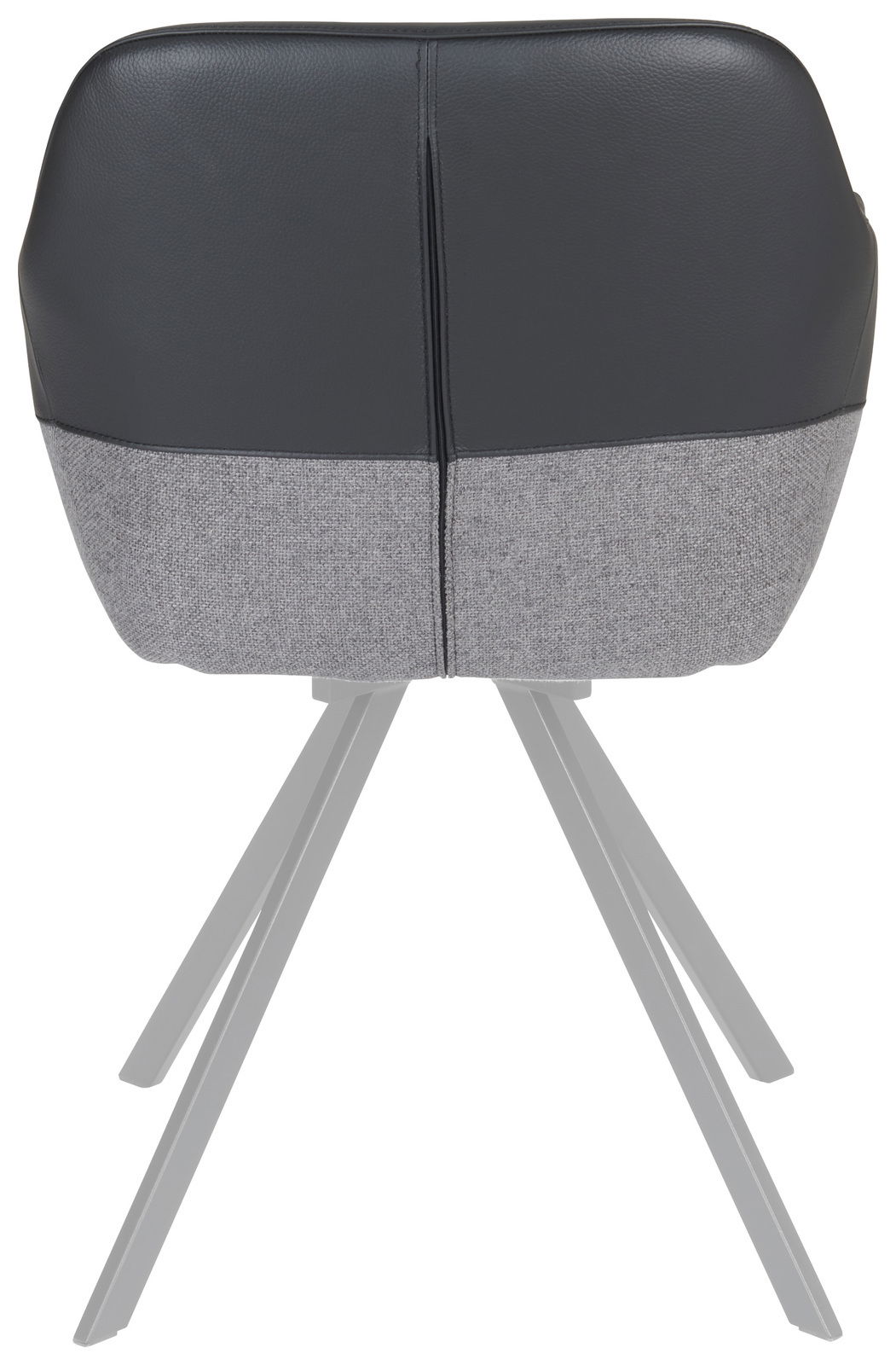 Rückansicht eines Sessels mit schwarzer und grauer Polsterung auf Metallbeinen.