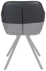 Rückansicht eines Sessels mit schwarzer und grauer Polsterung auf Metallbeinen.