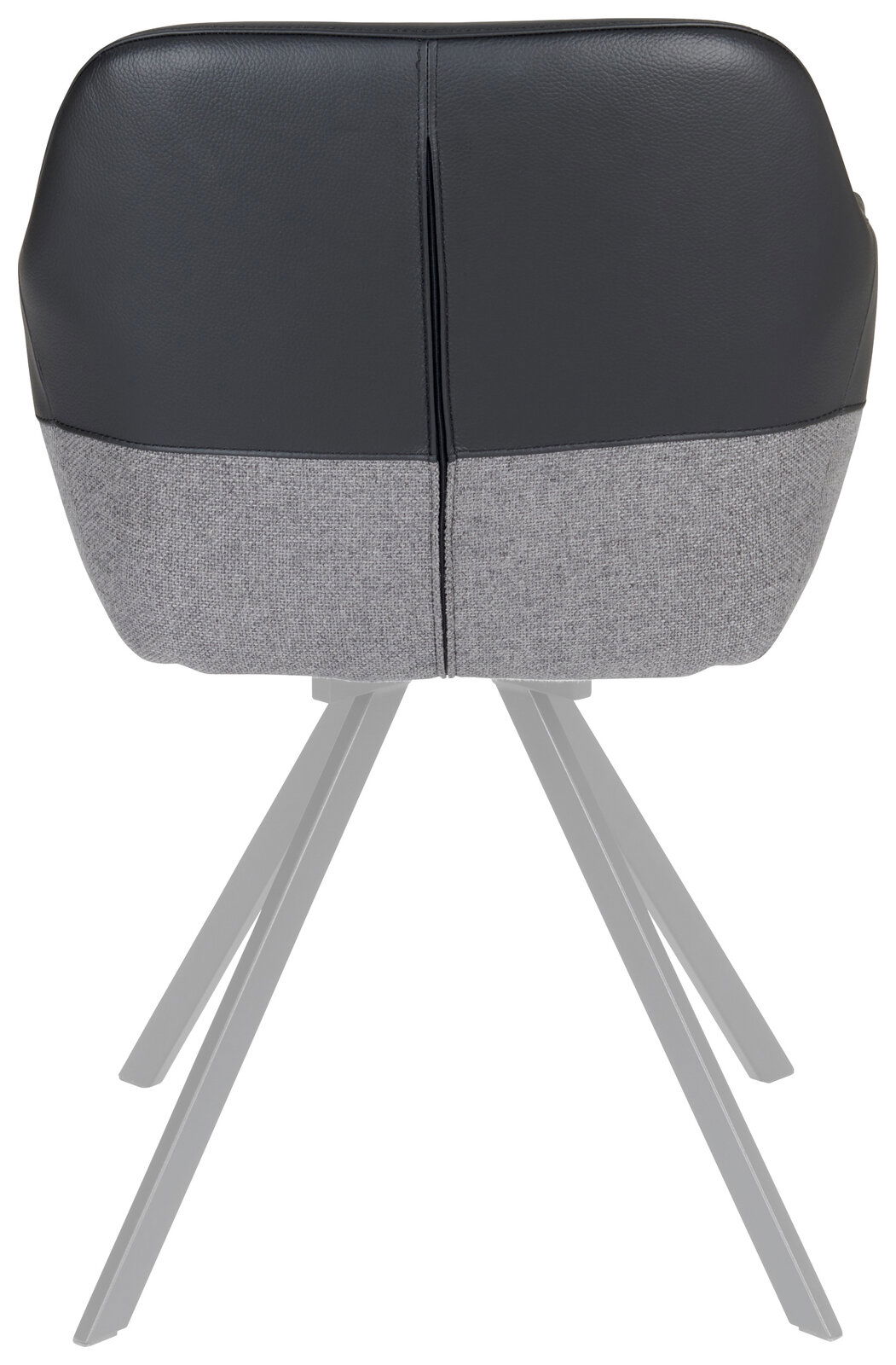 Rückansicht eines Sessels mit schwarzer und grauer Polsterung auf Metallbeinen.