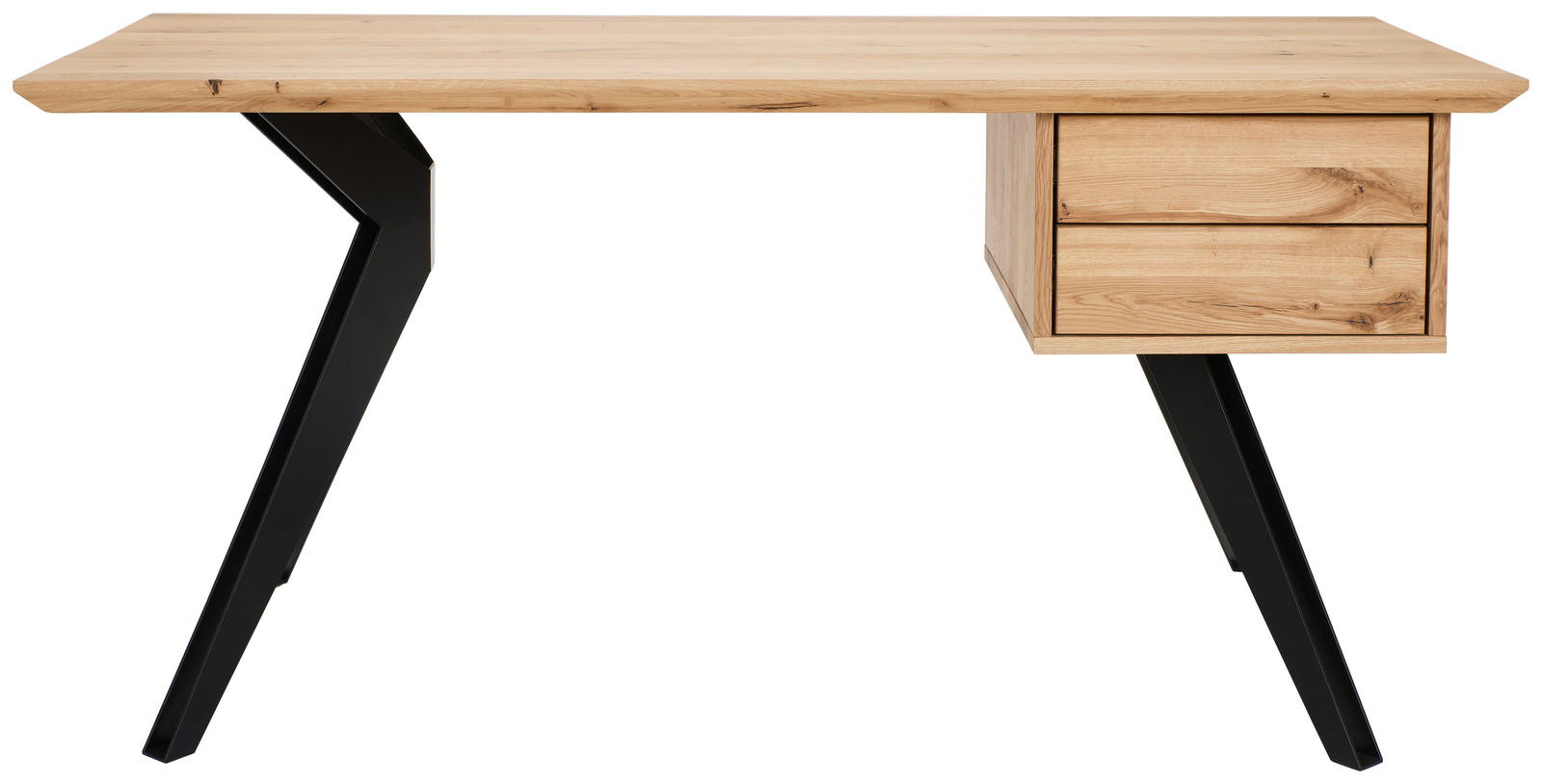 Moderner Schreibtisch aus Holz mit schwarzen Metallbeinen, Frontalansicht