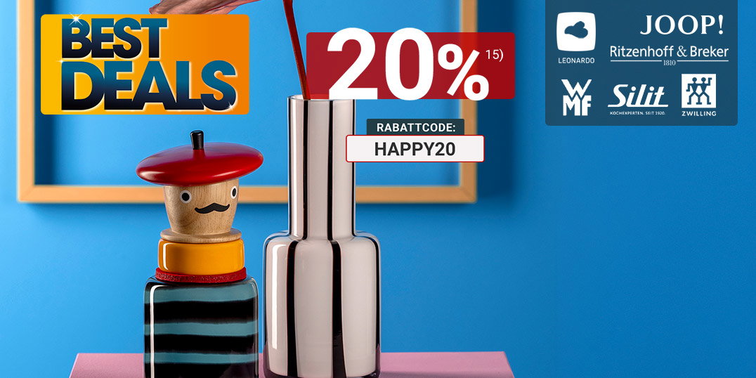 Bunte Deko mit Vase und Figur auf Podest, beworben mit „Best Deals“ und Markenlogos