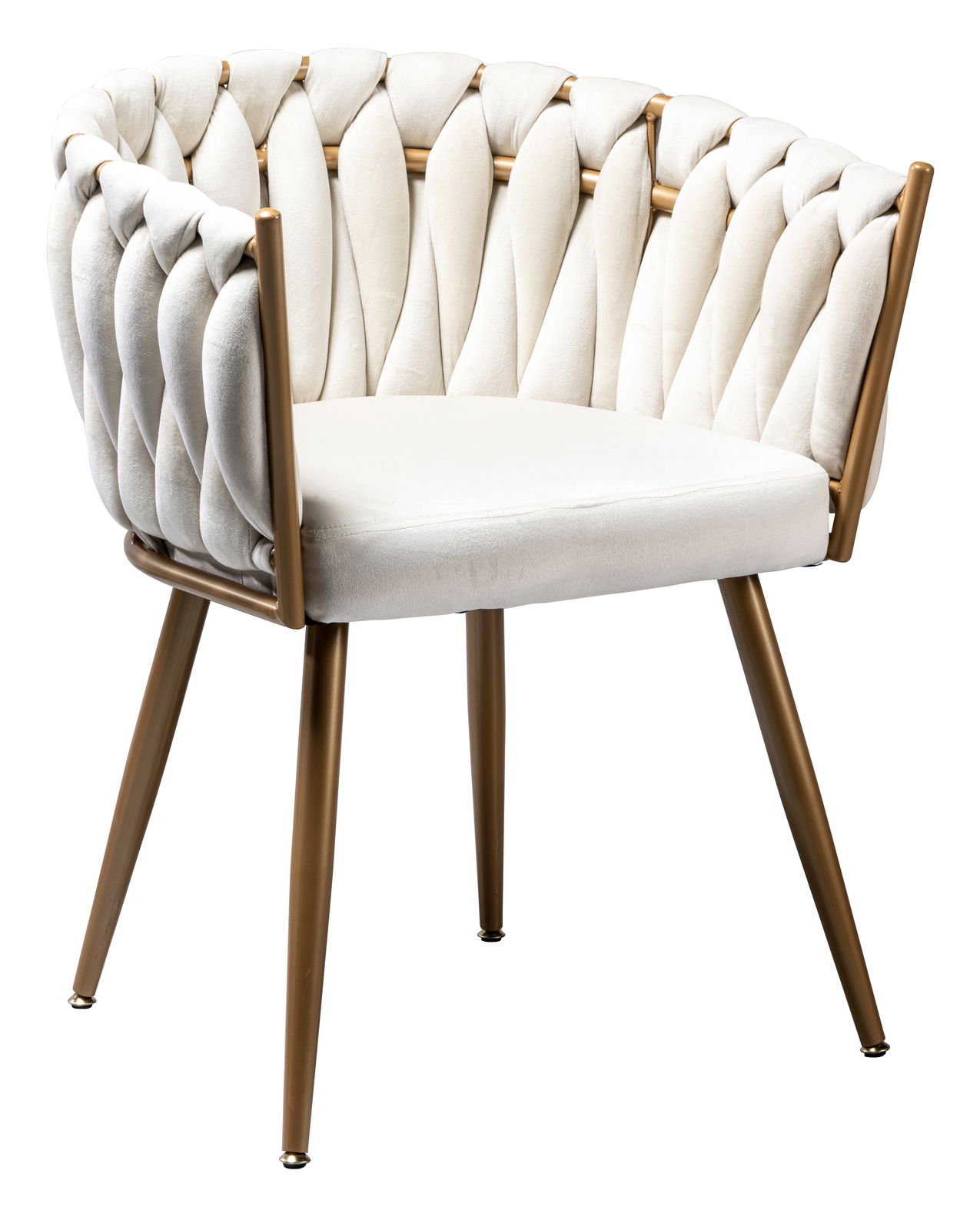 Z2 Sessel WEAVY Eleganter Sessel mit weiß gepolstertem Sitz und Rückenlehne, umgeben von einem goldenen Metallrahmen, seitliche Perspektive.