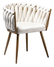 Eleganter Sessel mit weiß gepolstertem Sitz und Rückenlehne, umgeben von einem goldenen Metallrahmen, seitliche Perspektive.