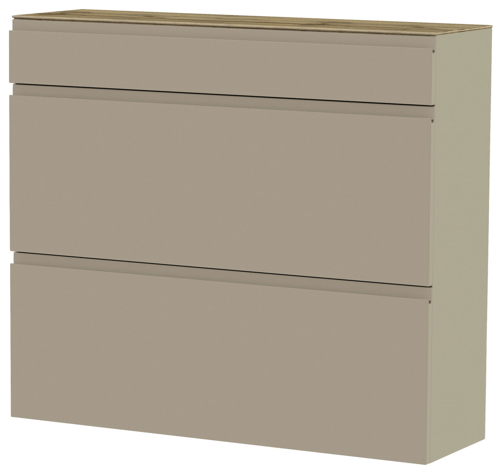Hängeschuhschrank in Beige mit drei Schubladen, seitliche Perspektive