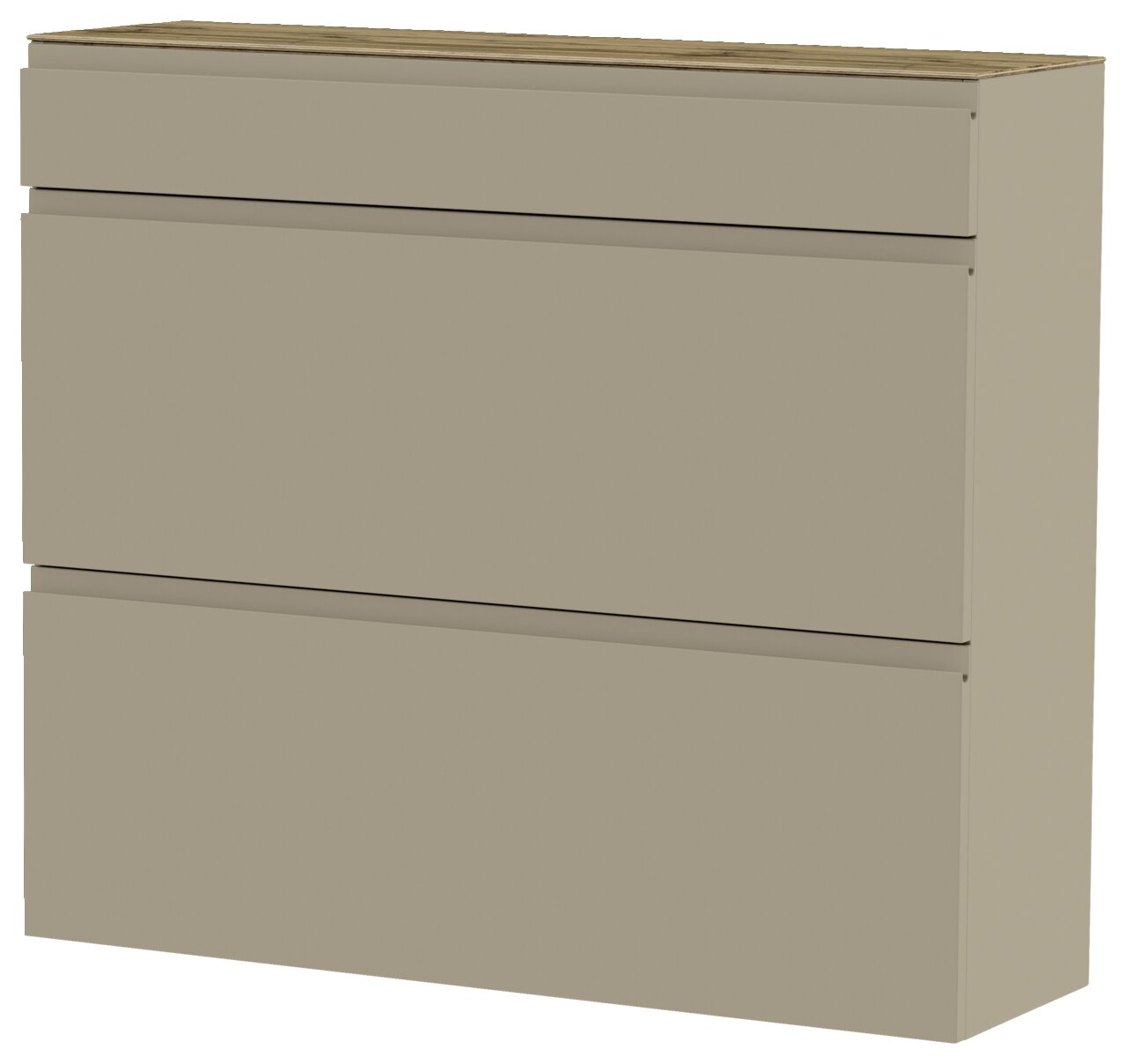 Hängeschuhschrank in Beige mit drei Schubladen, seitliche Perspektive