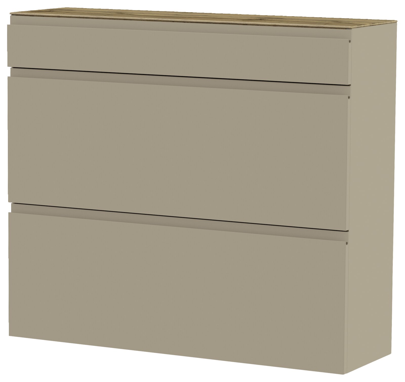 Hängeschuhschrank in Beige mit drei Schubladen, seitliche Perspektive