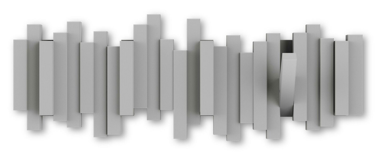 Moderne Wandgarderobe mit vertikalen, grauen Streben in einer stilvollen, geometrischen Anordnung, Frontalansicht.