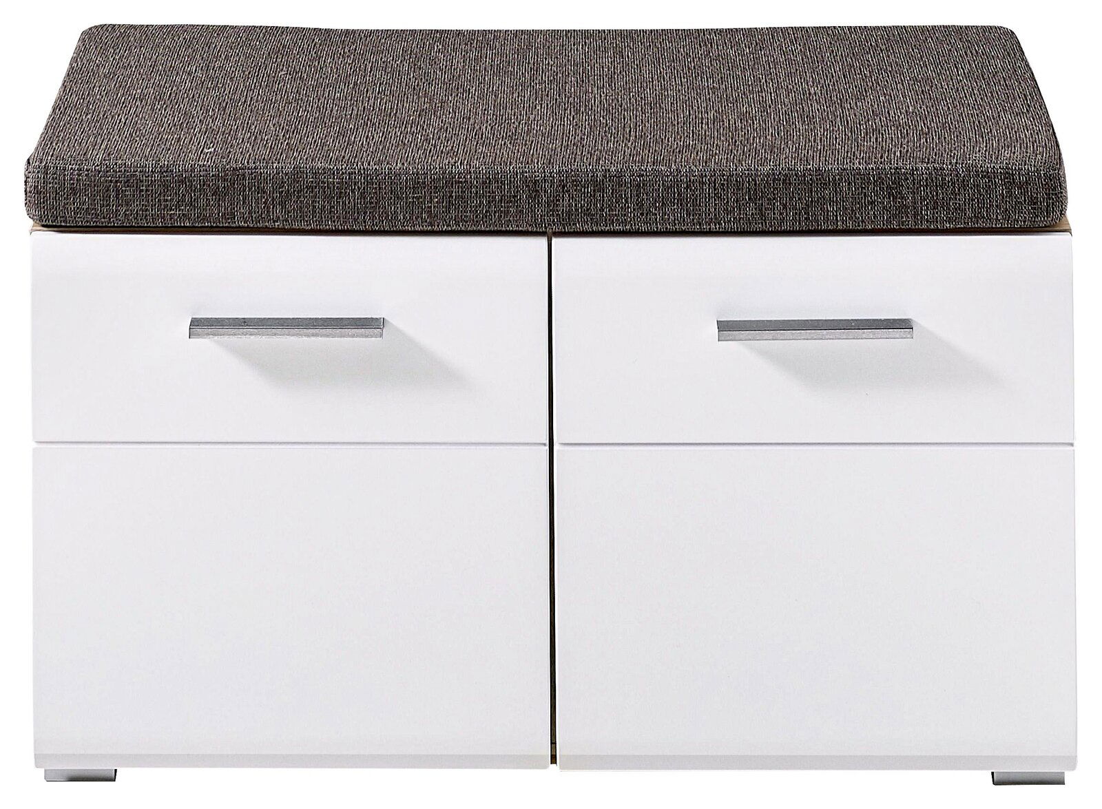 Voleo Bank LOOP Weiße Bank mit zwei Schubladen und grauem Sitzpolster, frontale Ansicht