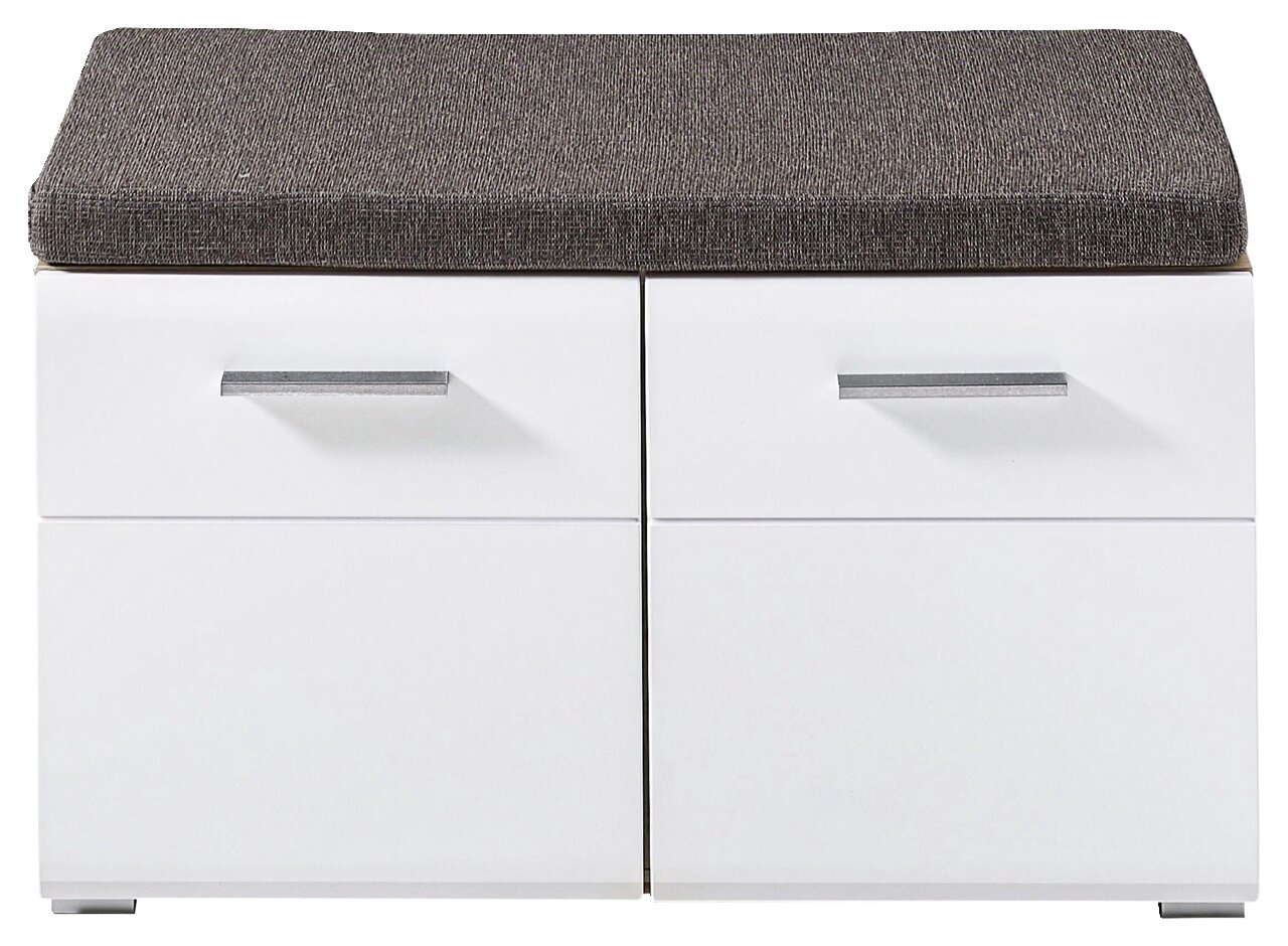 Voleo Bank LOOP Weiße Bank mit zwei Schubladen und grauem Sitzpolster, frontale Ansicht