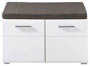 Weiße Bank mit zwei Schubladen und grauem Sitzpolster, frontale Ansicht