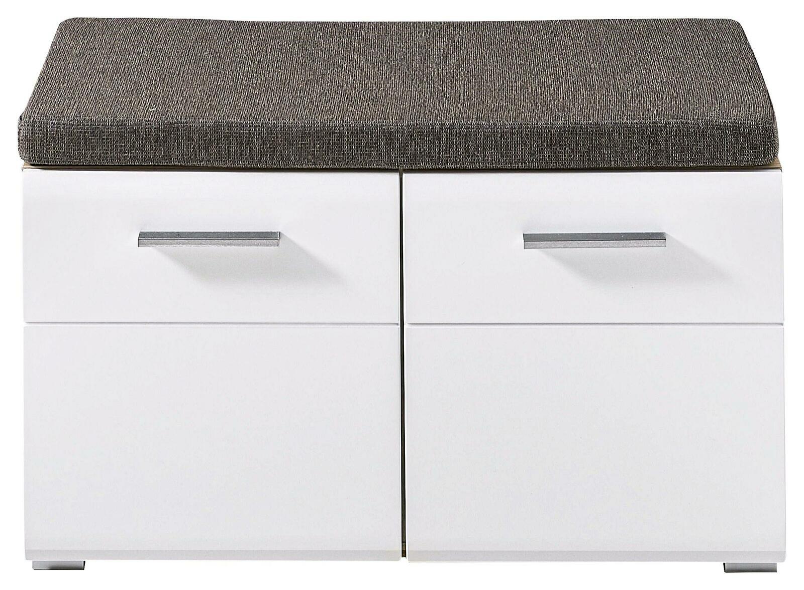 Weiße Bank mit zwei Schubladen und grauem Sitzpolster, frontale Ansicht