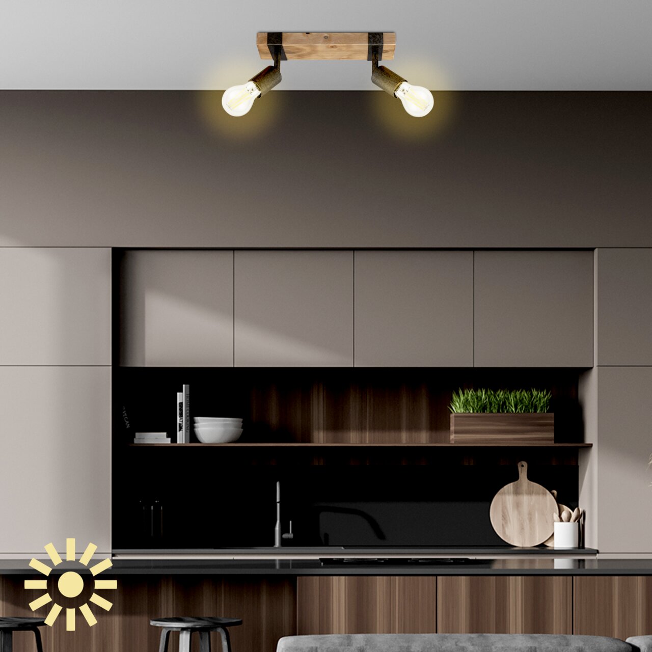 Zwei LED-Leuchtmittel E27 in einer modernen Deckenleuchte aus Holz, montiert in einer stilvollen Küche, Perspektive von unten.