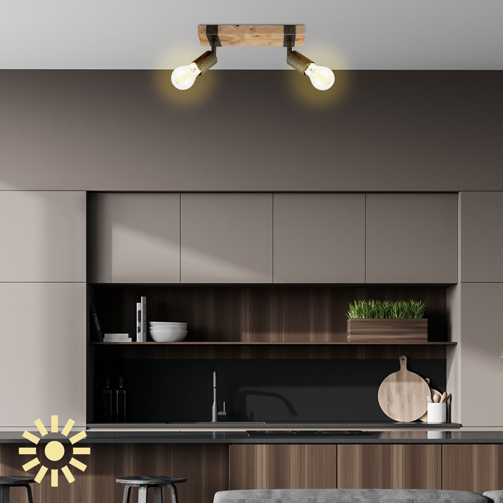 Zwei LED-Leuchtmittel E27 in einer modernen Deckenleuchte aus Holz, montiert in einer stilvollen Küche, Perspektive von unten.