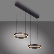Moderne zwarte hanglamp met twee warmwit verlichte LED-ringen en houtaccenten, schuin van onderen gezien