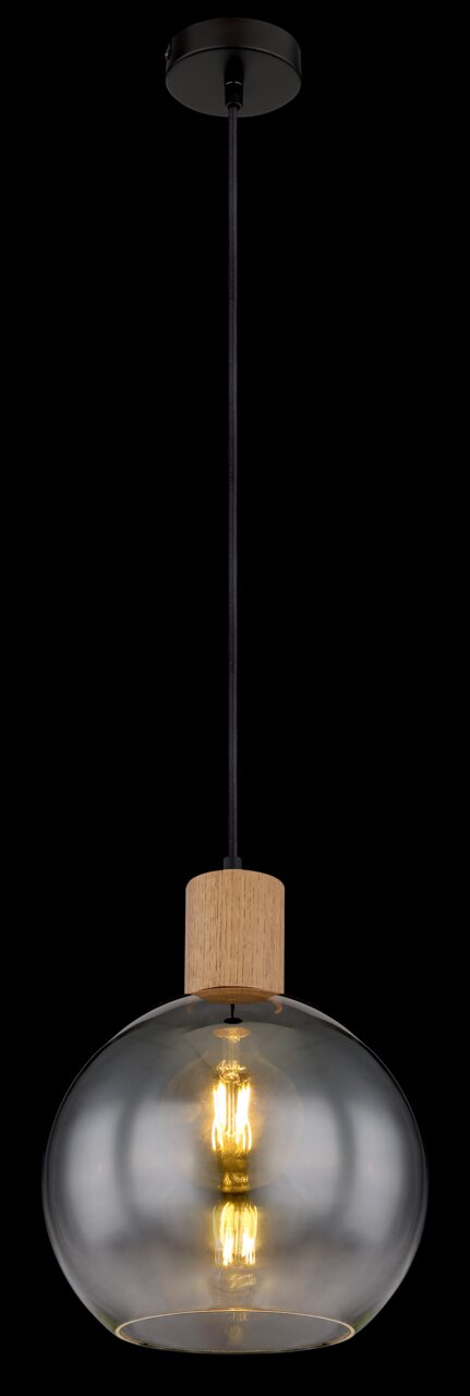 Hängeleuchte mit rundem, transparentem Glasschirm und Holzdetail, seitliche Perspektive