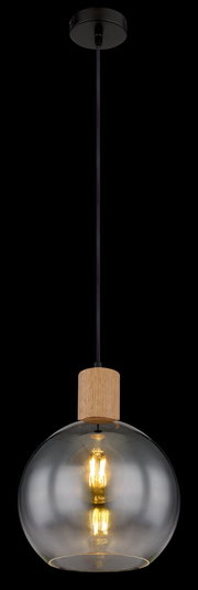 Hängeleuchte mit rundem, transparentem Glasschirm und Holzdetail, seitliche Perspektive