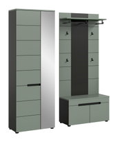 Modernes Garderoben-Set in Salbeigrün und Anthrazit mit Hochschrank und Sitzbank, Spiegelpaneel, Hutablage, Kleiderstange und Haken, Frontansicht leicht schräg von vorne