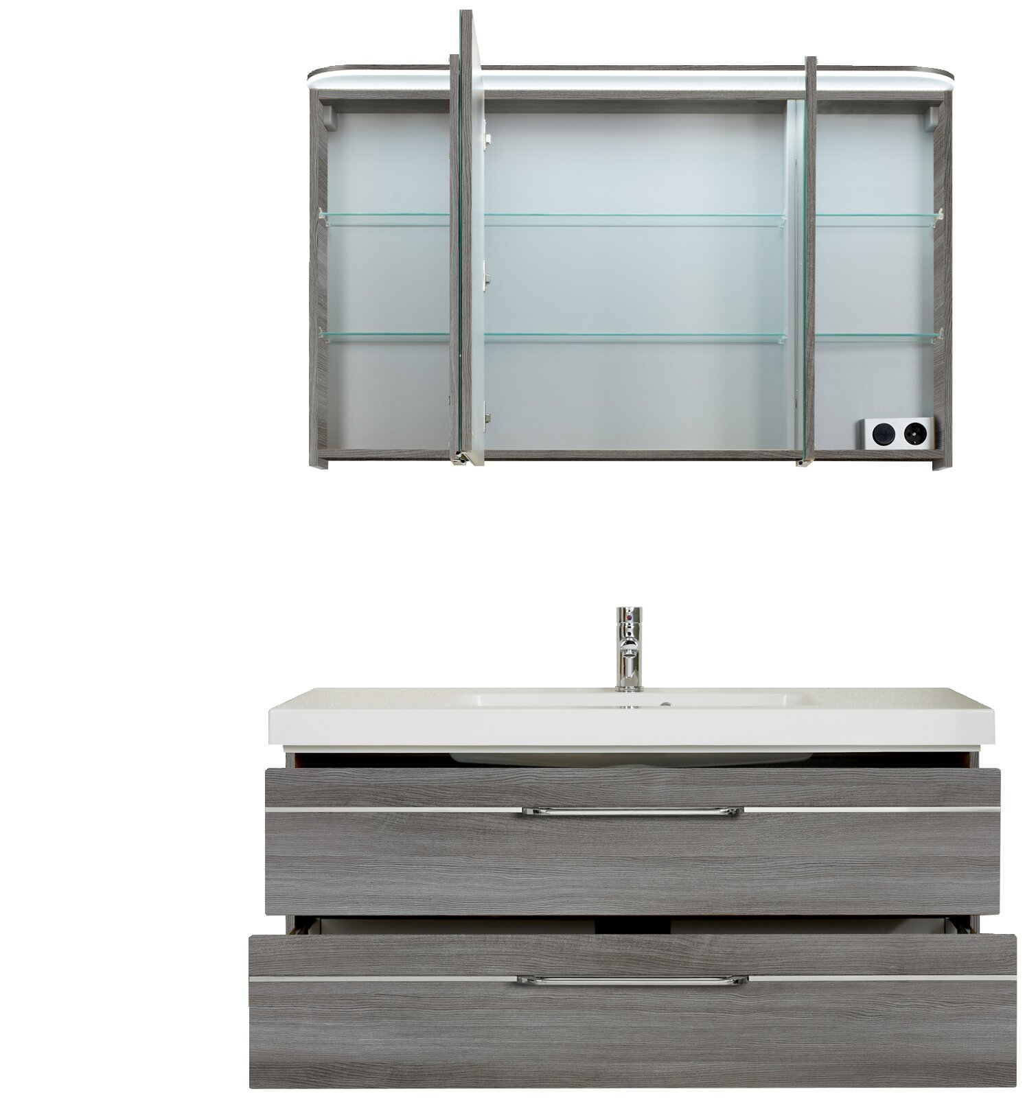 Moderner Badblock mit Spiegelschrank und Waschbecken, Frontalansicht