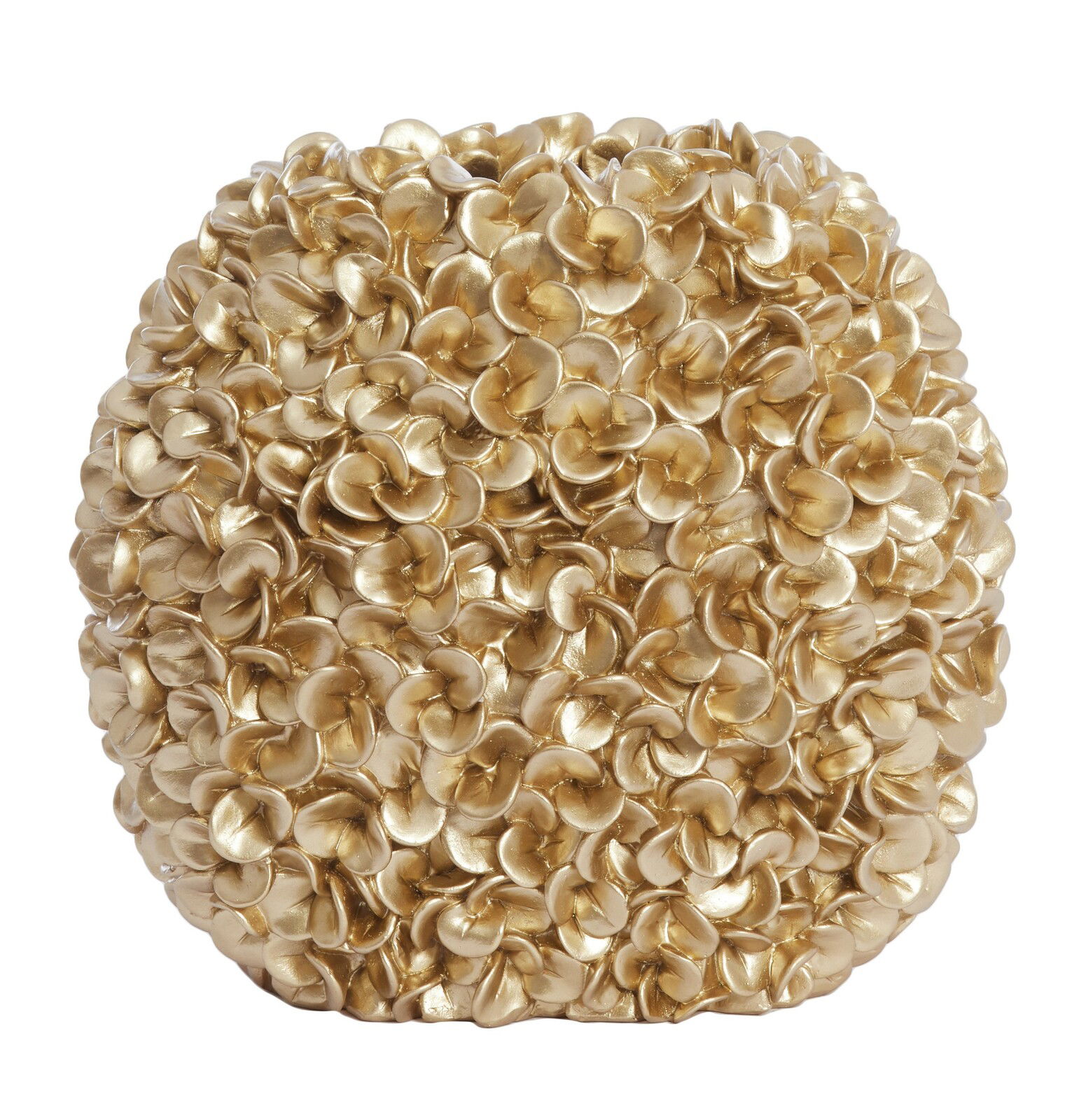 Goldene Vase mit blütenartiger Struktur, frontal betrachtet.