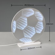 Runde LED-Tischlampe in Fußball-Optik mit 3D-Illusion, weißes Gehäuse auf rechteckigem Standfuß, leuchtende sechseckige Segmente; Produktansicht frontal in leichter Seitenperspektive mit Maßangaben (Ø 230 mm, Höhe 240 mm, Fuß 200 mm) und sichtbarem Kabel.