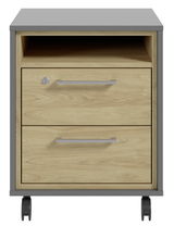 Frontansicht eines Rollcontainers mit zwei Schubladen und einem offenen Fach, Holzoptik mit grauem Rahmen und Rollen.