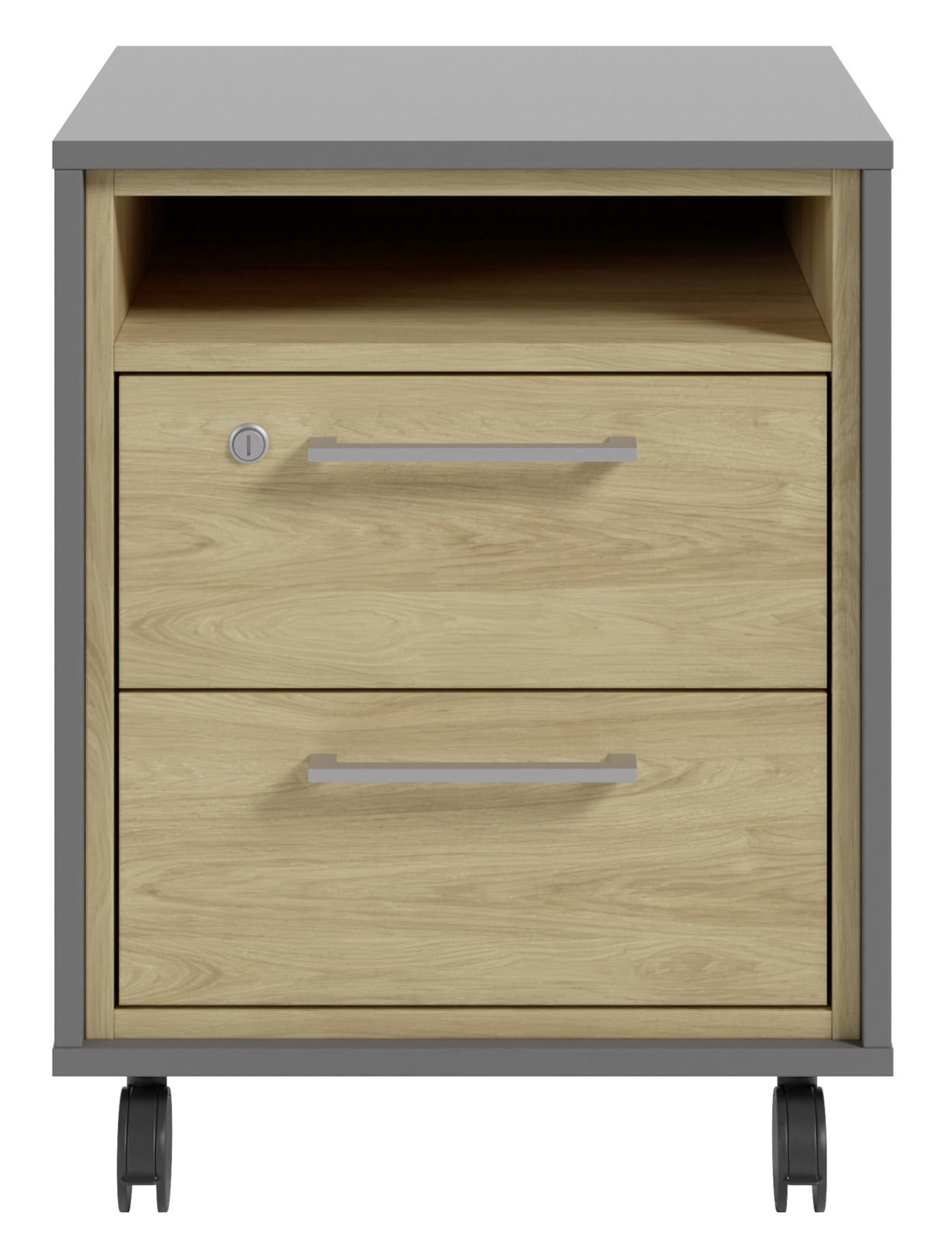 Frontansicht eines Rollcontainers mit zwei Schubladen und einem offenen Fach, Holzoptik mit grauem Rahmen und Rollen.