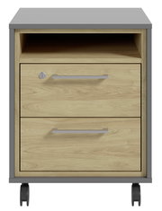 Frontansicht eines Rollcontainers mit zwei Schubladen und einem offenen Fach, Holzoptik mit grauem Rahmen und Rollen.