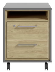 Frontansicht eines Rollcontainers mit zwei Schubladen und einem offenen Fach, Holzoptik mit grauem Rahmen und Rollen.