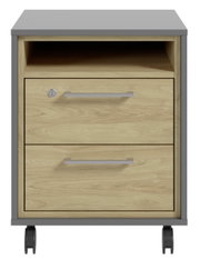 Vooraanzicht van een rolcontainer met twee lades en een open vak, in houtlook met een grijs frame en wieltjes.