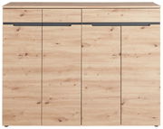 Frontansicht eines XL-Schuhschranks aus hellem Holz mit vier Türen und modernen Griffen.