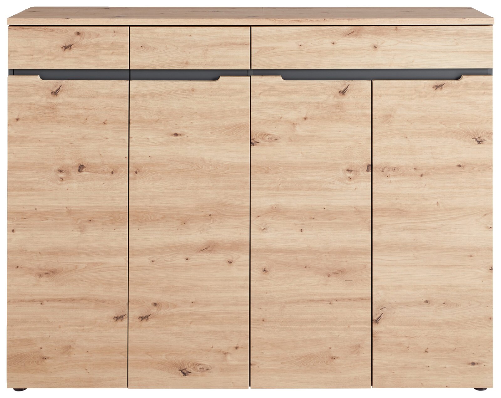 Vooraanzicht van een XL-schoenenkast van licht hout met vier deuren en moderne handgrepen.