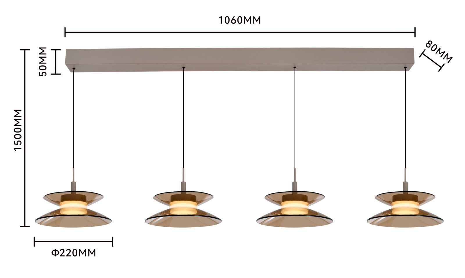 Vierlichts hanglamp met amberkleurige glazen kappen en warme verlichting, vanuit vooraanzicht met maatvoering: 1060 mm lang, 1500 mm hoog, plafondbalk 50 mm hoog en 80 mm diep, kappen Ø 220 mm.