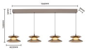 Vierlichts hanglamp met amberkleurige glazen kappen en warme verlichting, vanuit vooraanzicht met maatvoering: 1060 mm lang, 1500 mm hoog, plafondbalk 50 mm hoog en 80 mm diep, kappen Ø 220 mm.