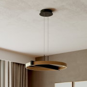 Moderne ronde hanglamp met bronskleurige ring en zwarte accenten, schuin van onderen bekeken in een stijlvol interieur