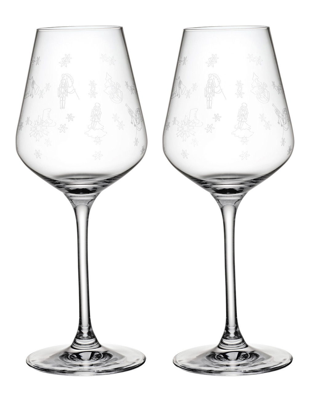 Zwei Weißweinkelche mit feinen Gravuren, frontal abgebildet