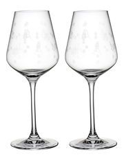 Zwei Weißweinkelche mit feinen Gravuren, frontal abgebildet