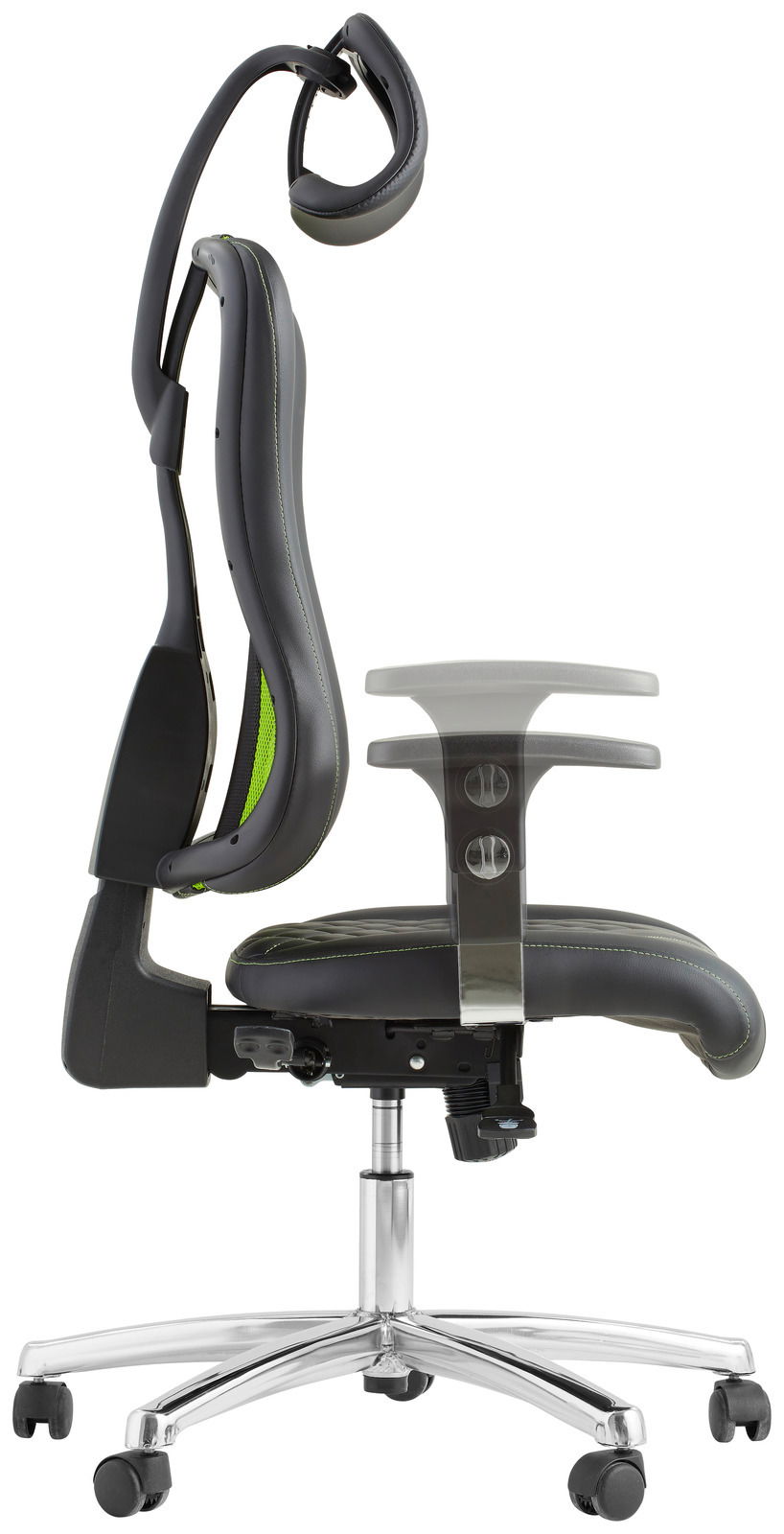 Seitliche Ansicht eines ergonomischen Gaming-Stuhls mit verstellbarer Kopfstütze und Armlehnen, schwarzem Lederbezug und grünem Akzent.